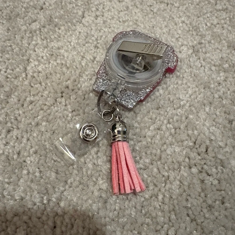 Pink and Silver Glitter Keychain Badge Holder with Tassel